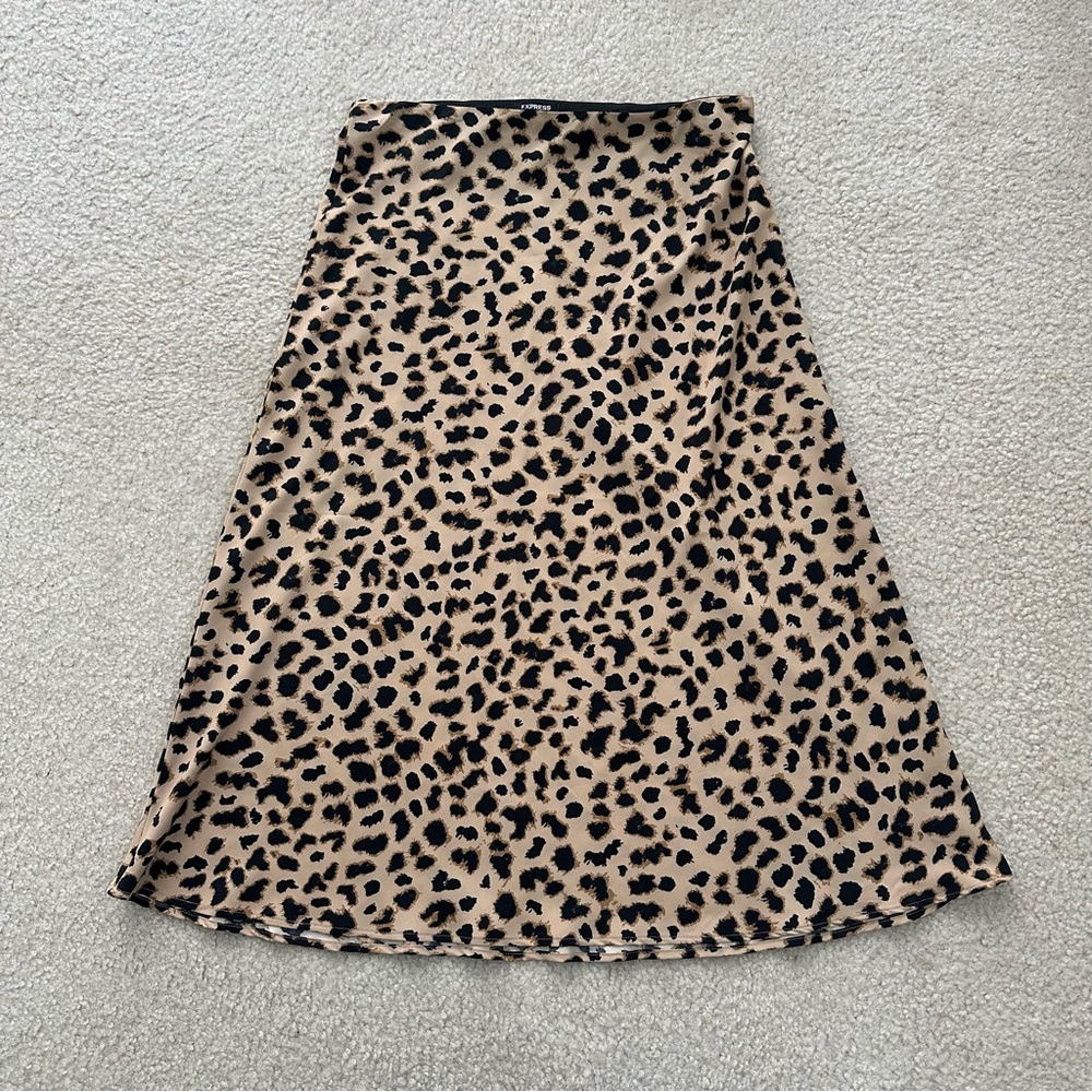 Express Cheetah Midi High-Rise Satin Skirt